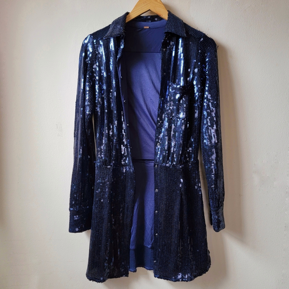 Free People Navy Sequin Long-Sleeve Shirt Dress Small